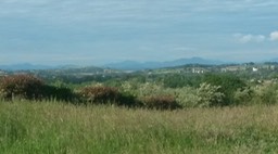 Het uitzicht vanuit Sorde-l'Abbaye met de Pyreneeën op de achtergrond